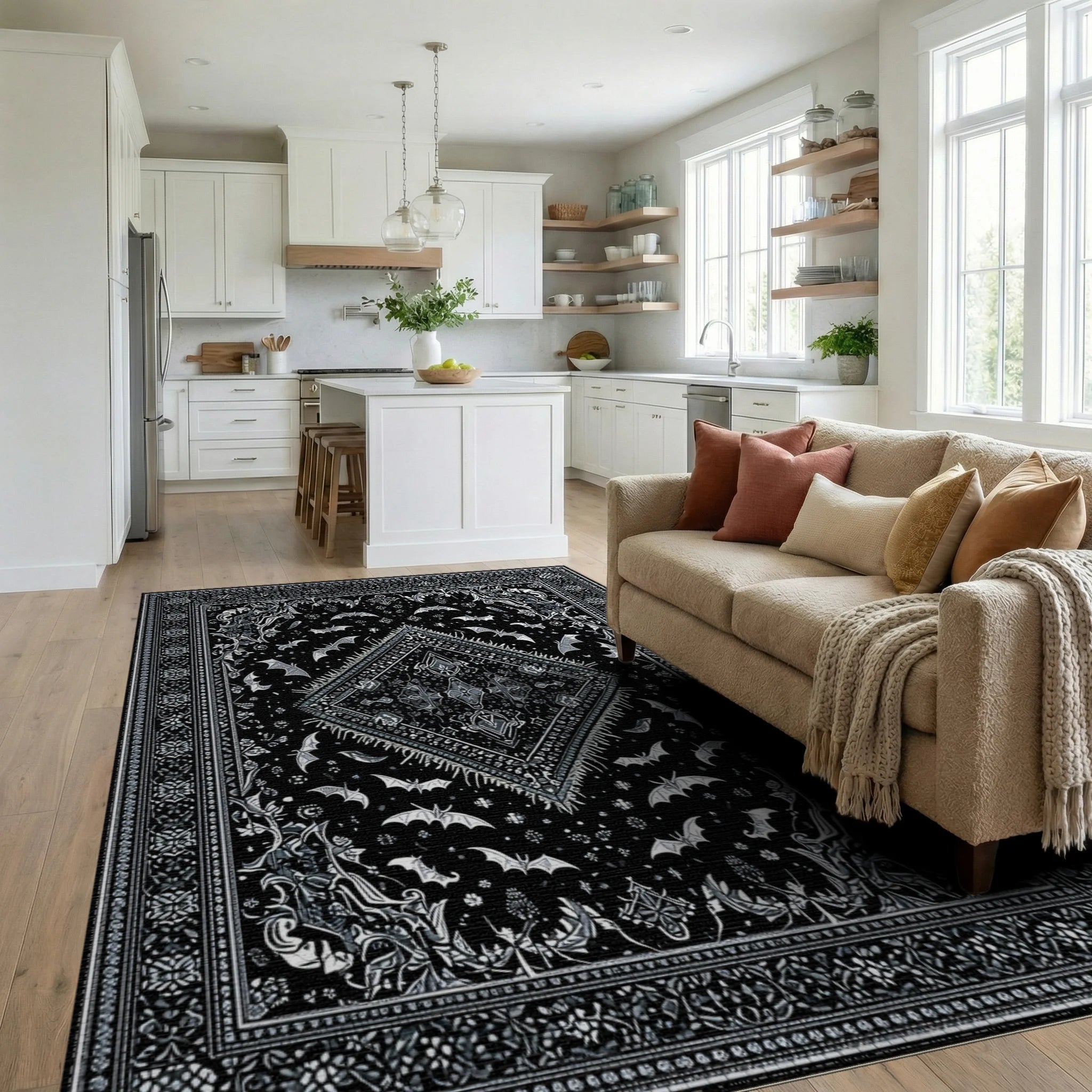 Black Silver Gothic Bats Rug - Living Room View