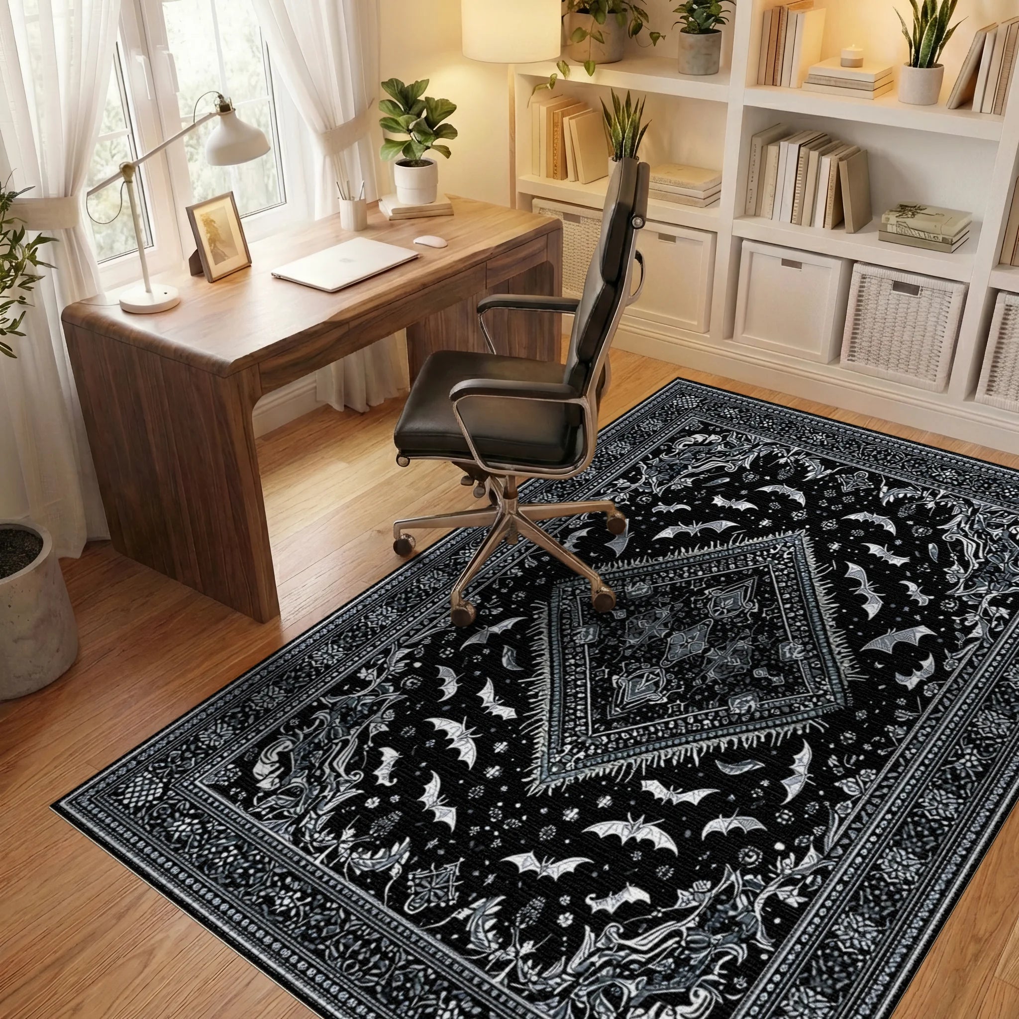 Black Silver Gothic Bats Rug - Office View