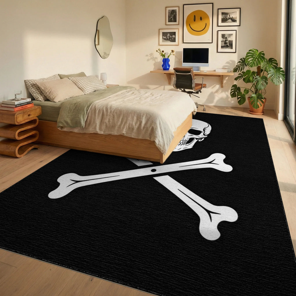 Black Skull With 2 Bones Rug - Bedroom View