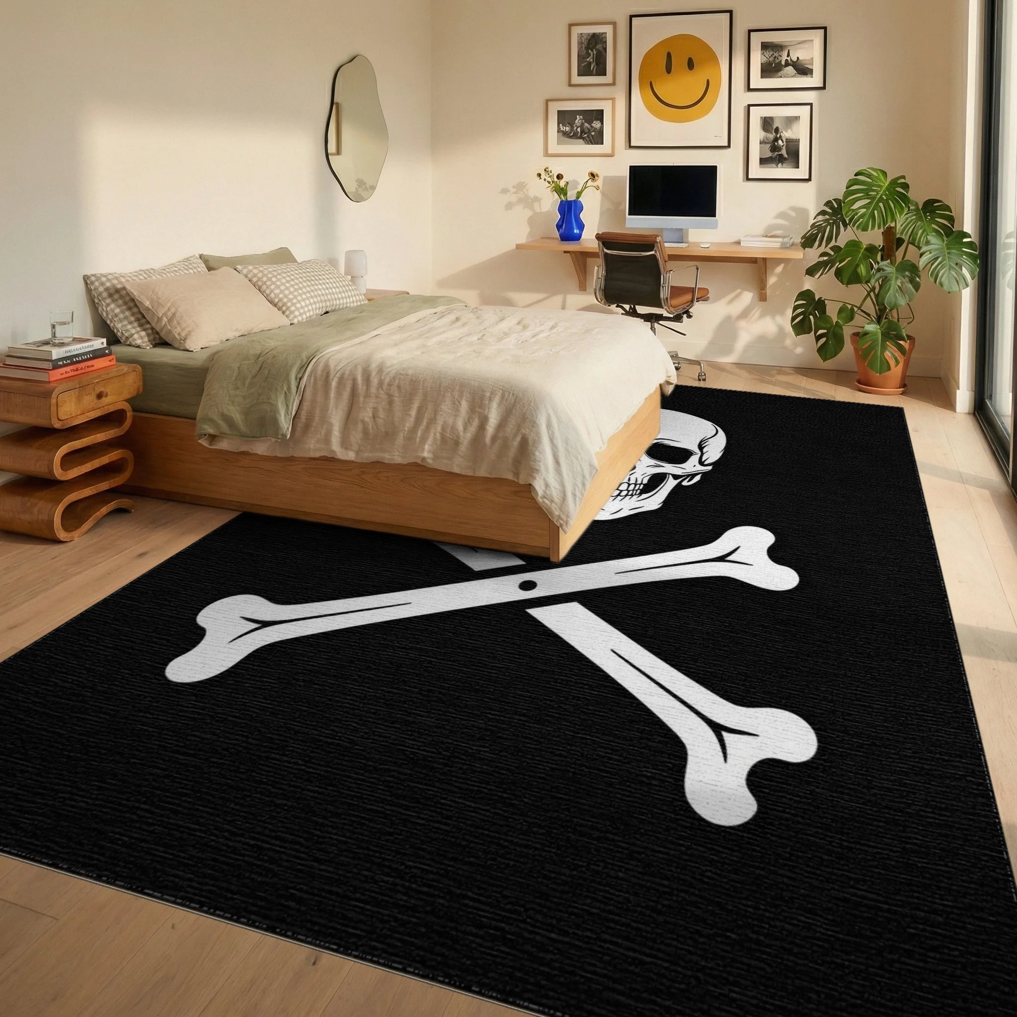 Black Skull With 2 Bones Rug - Bedroom View