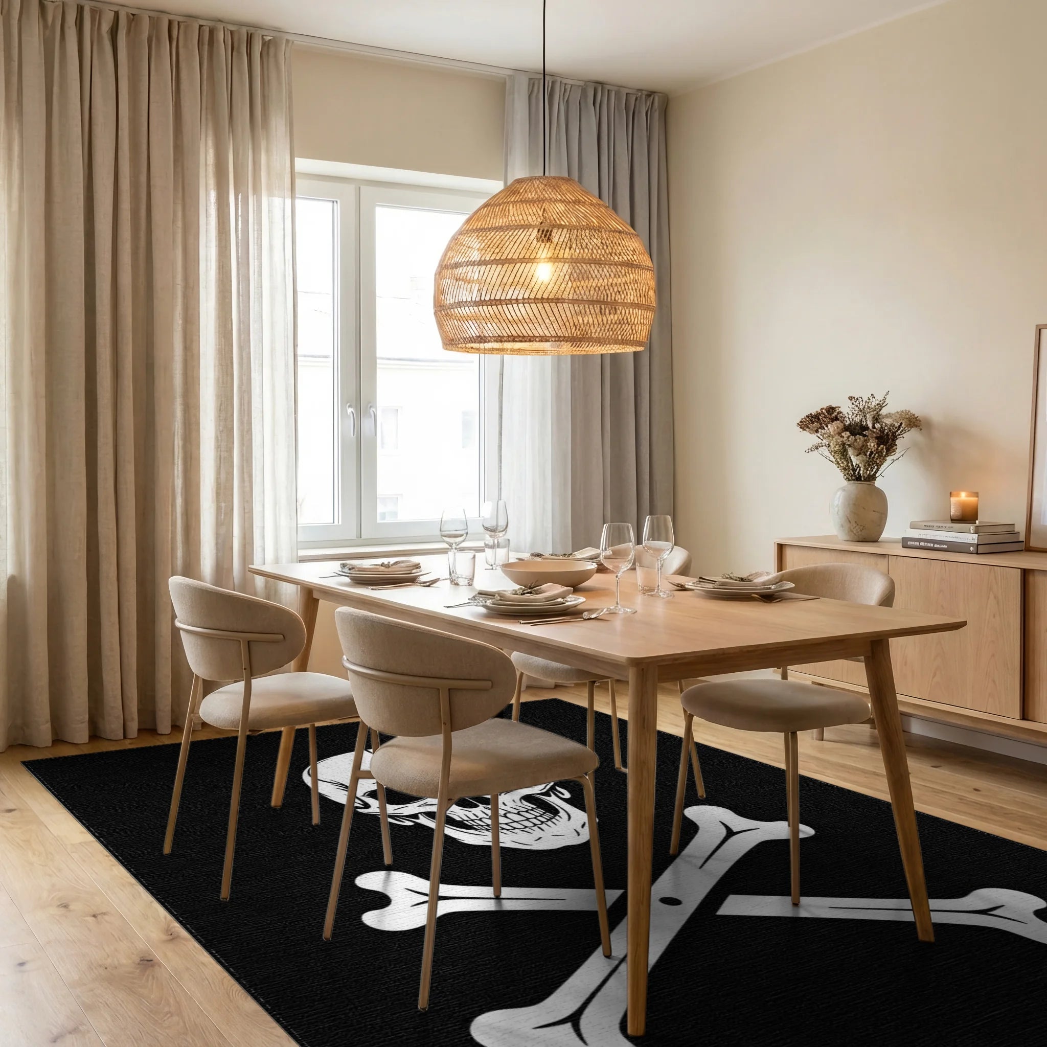 Black Skull With 2 Bones Rug - Dining Room View