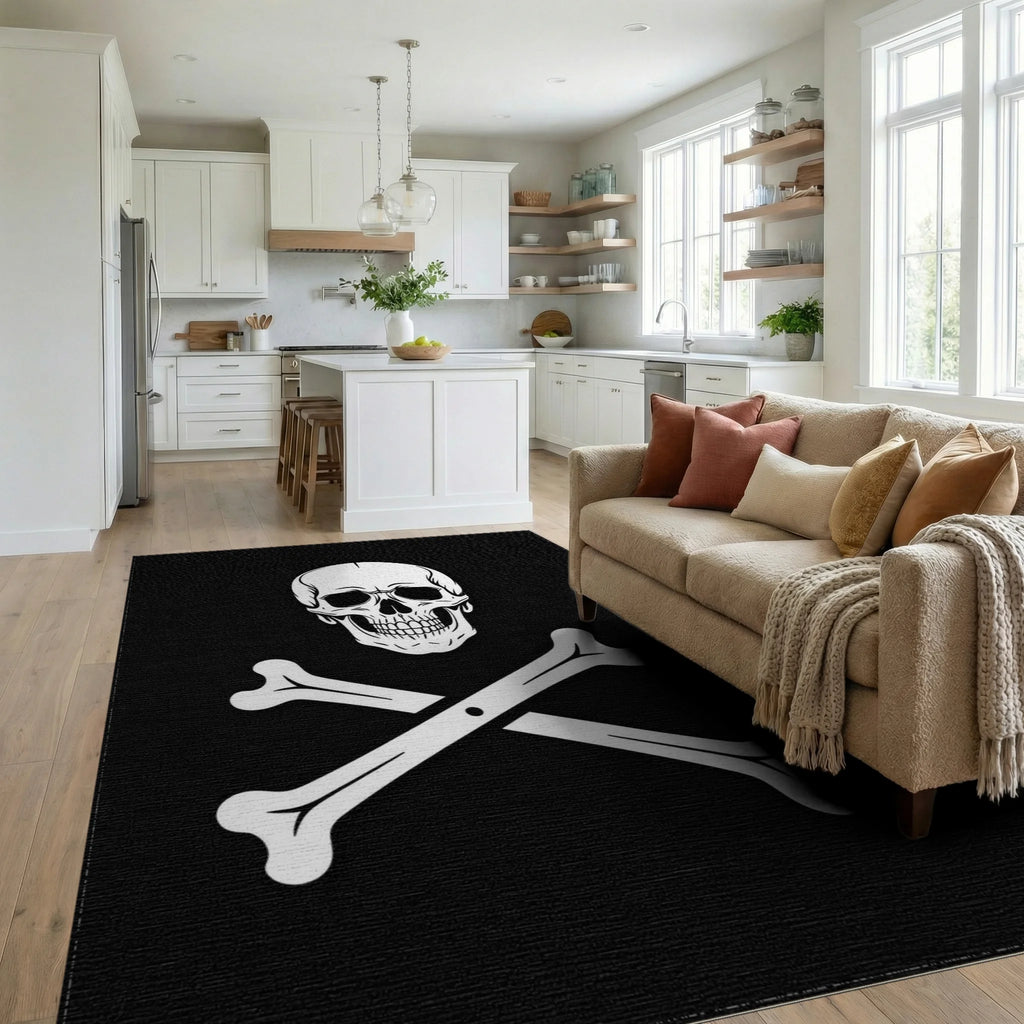 Black Skull With 2 Bones Rug - Living Room View