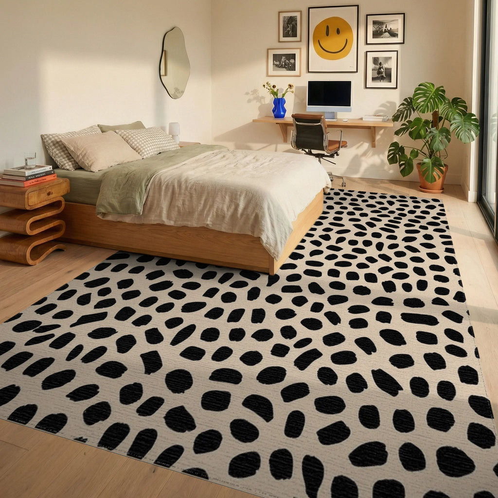 Black Spots On Beige Background Rug - Bedroom View
