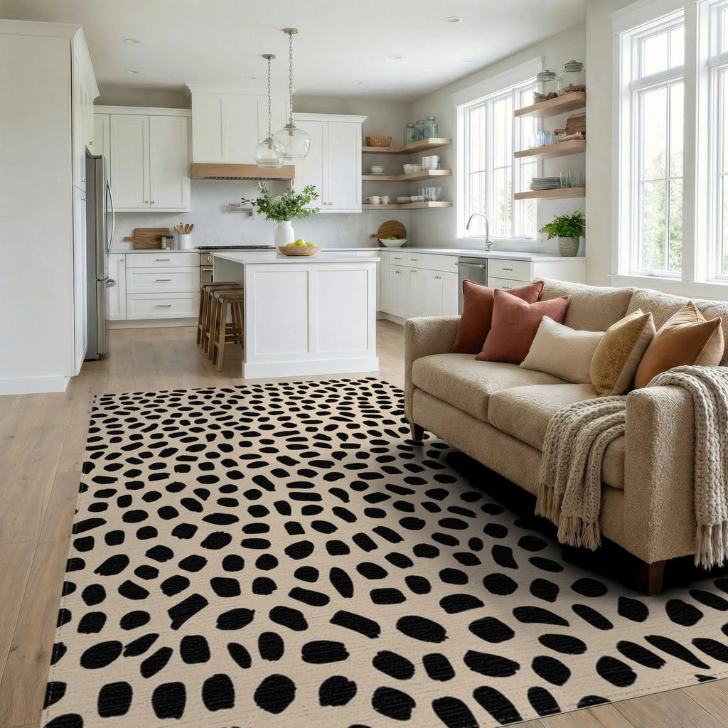 Black Spots On Beige Background Rug - Living Room View