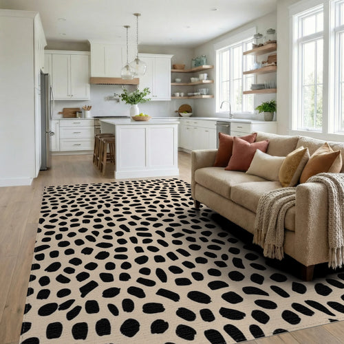 Black Spots On Beige Background Rug - Living Room View