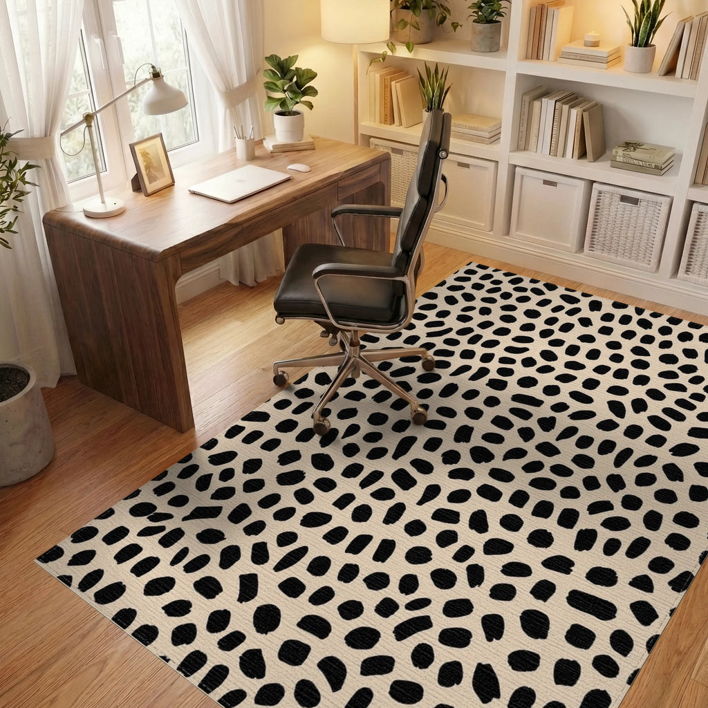 Black Spots On Beige Background Rug - Office View