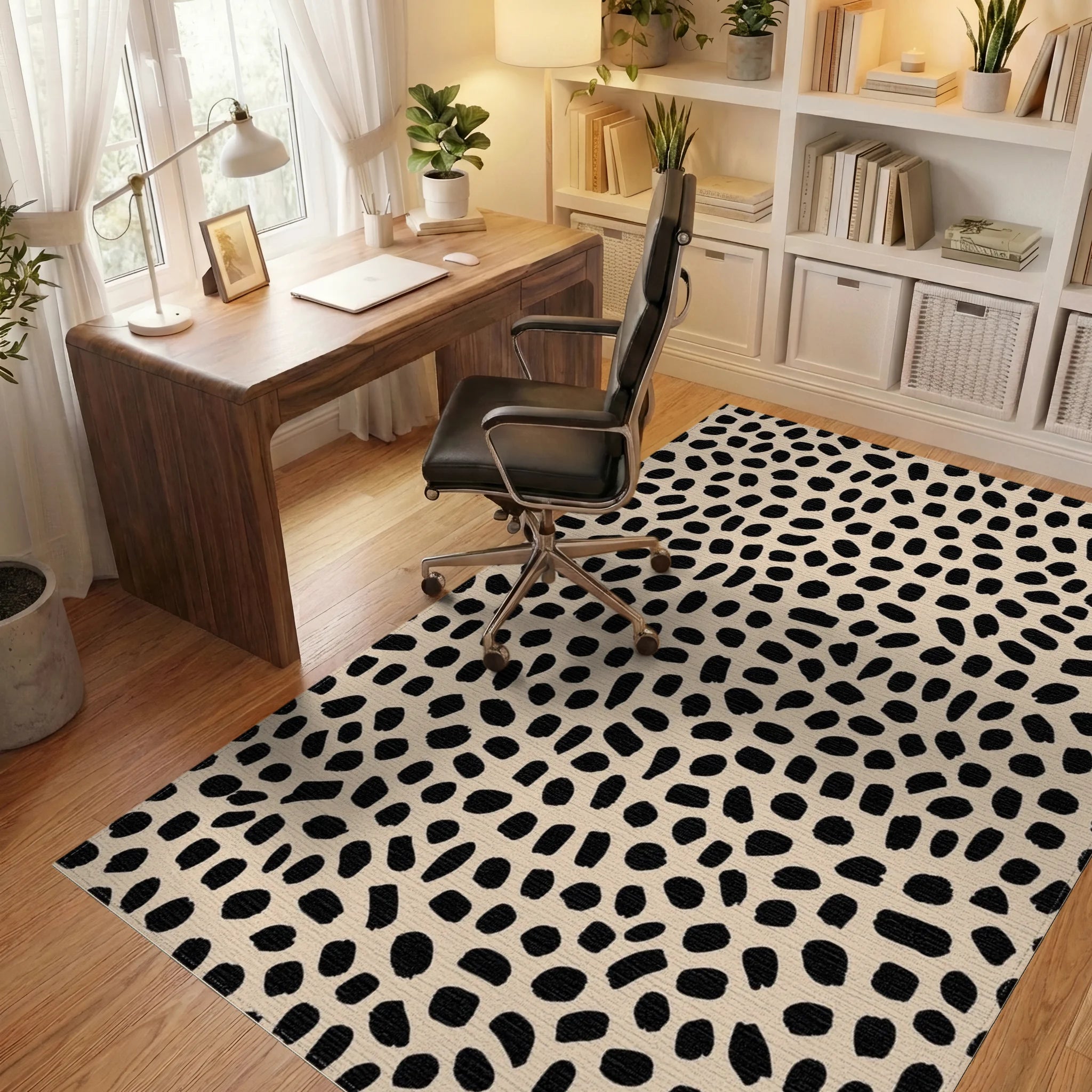 Black Spots On Beige Background Rug - Office View