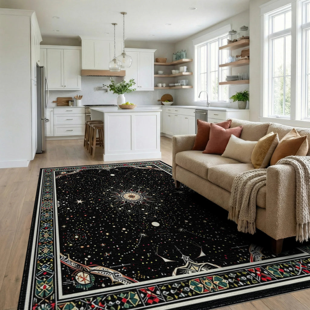 Black Starry Cosmic Sunburst Rug - Living Room View