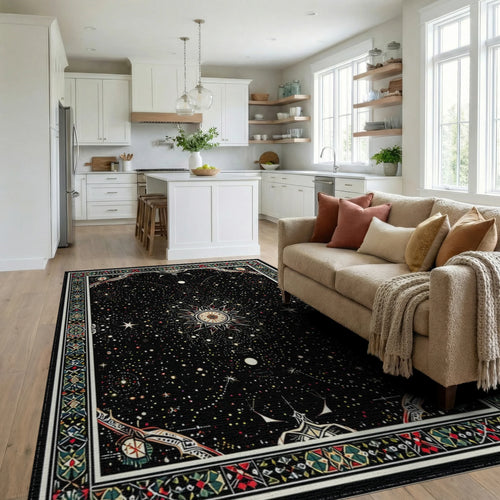 Black Starry Cosmic Sunburst Rug - Living Room View