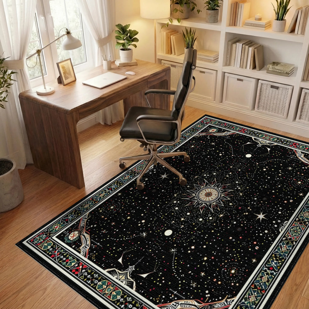 Black Starry Cosmic Sunburst Rug - Office View