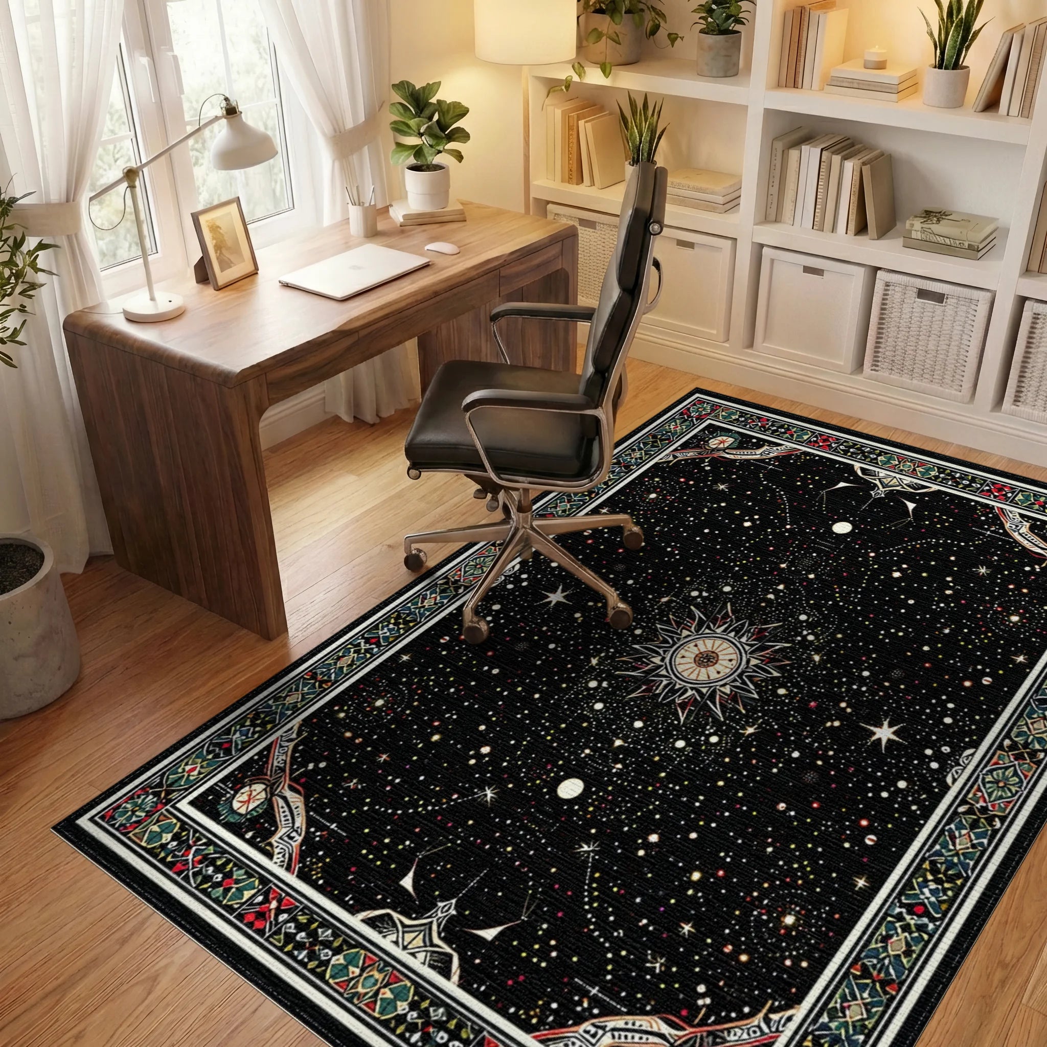 Black Starry Cosmic Sunburst Rug - Office View