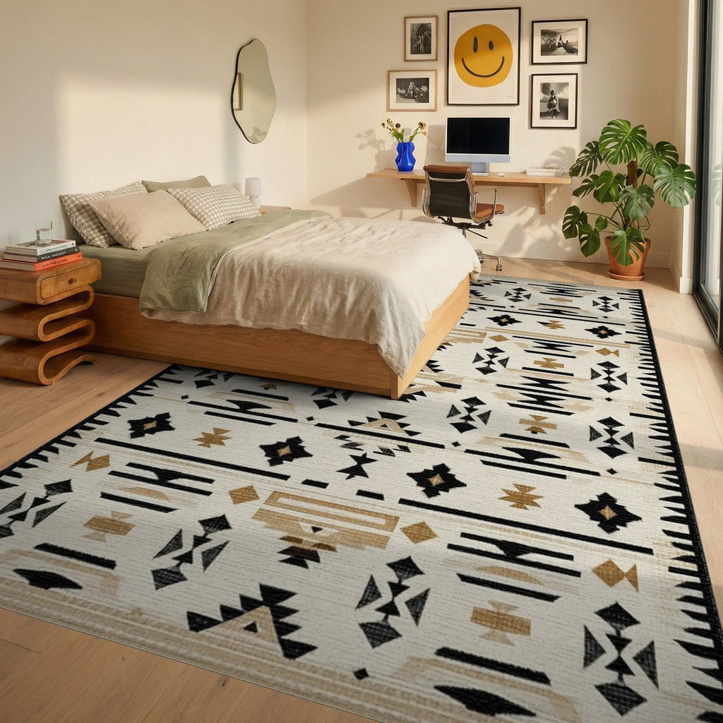 Black Tan Geometric Arrow Stripe Rug - Bedroom View
