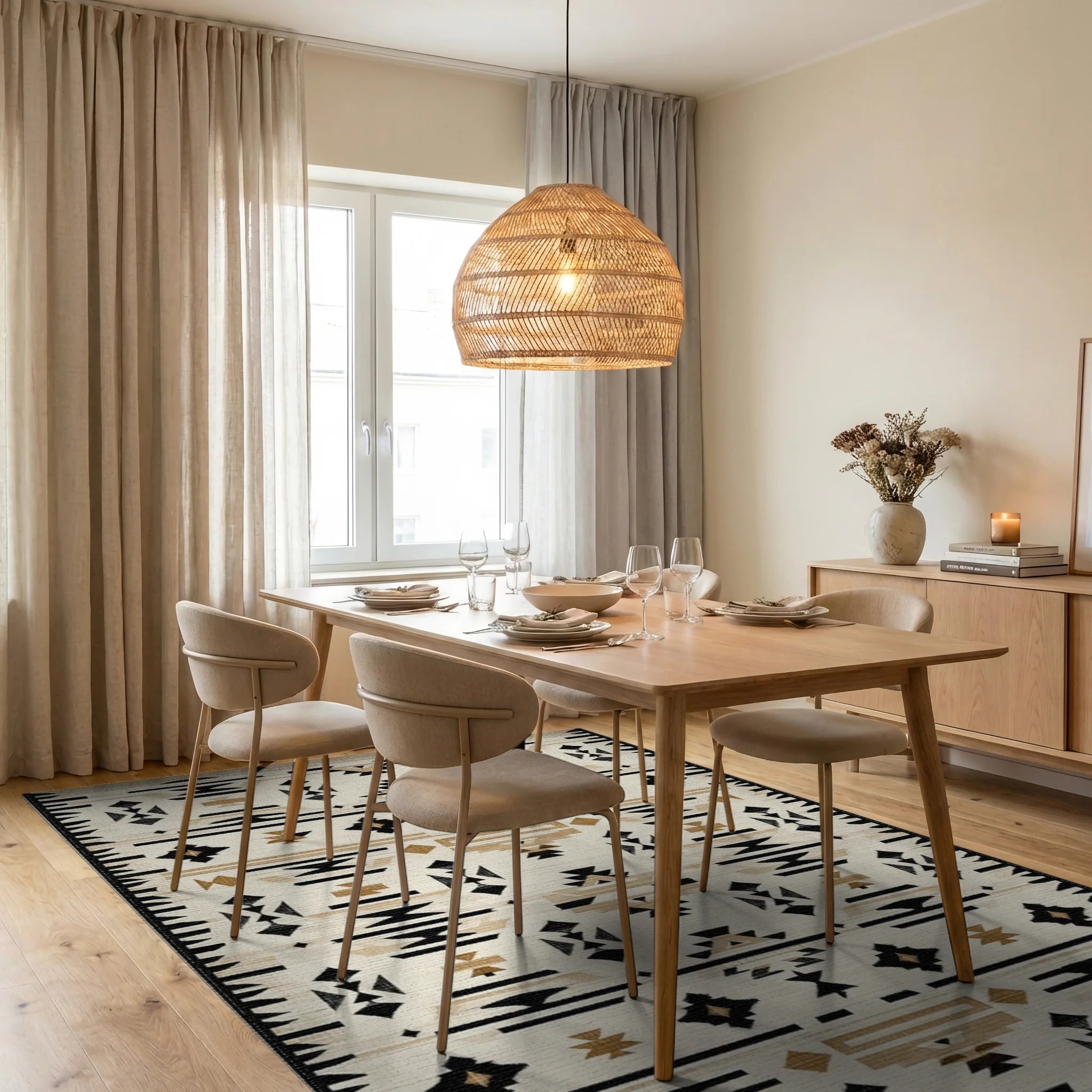 Black Tan Geometric Arrow Stripe Rug - Dining Room View
