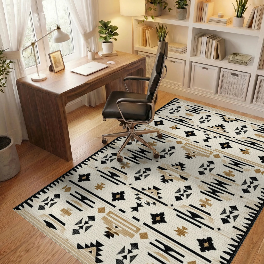 Black Tan Geometric Arrow Stripe Rug - Office View