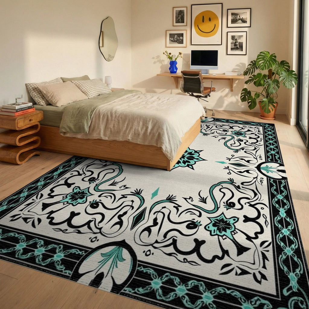 Black Teal Floral Scroll Medallion Rug - Bedroom View