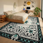 Black Teal Floral Scroll Medallion Rug - Bedroom View