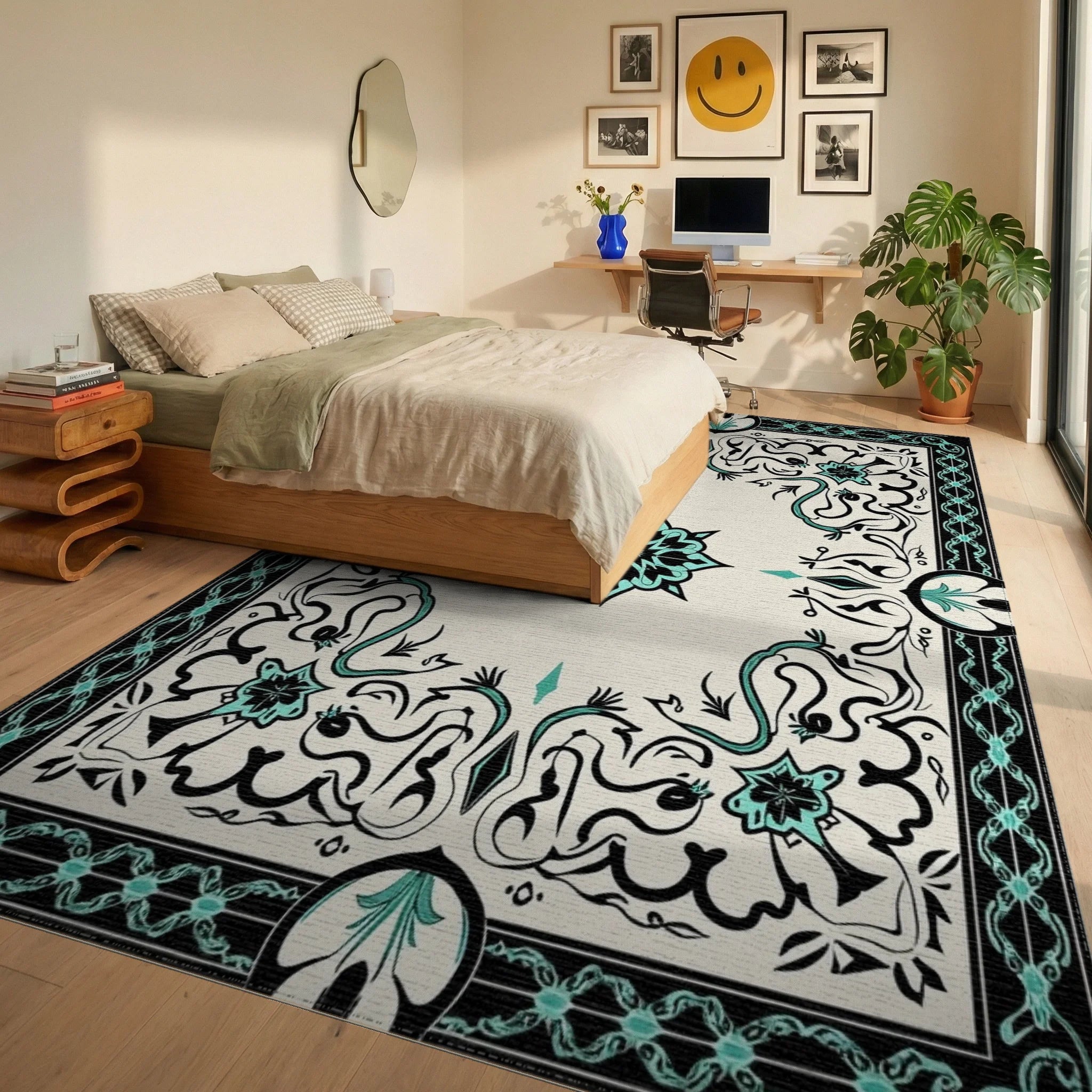 Black Teal Floral Scroll Medallion Rug - Bedroom View