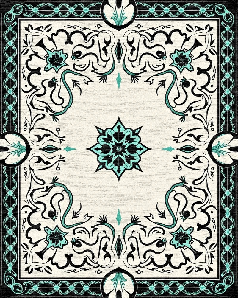 Black Teal Floral Scroll Medallion Rug - Cutout View