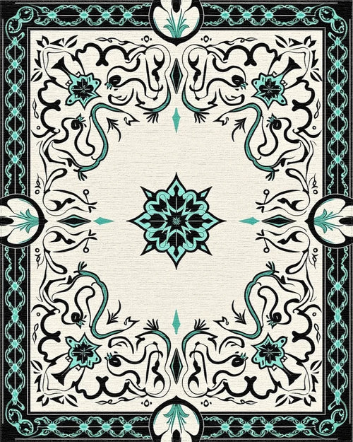 Black Teal Floral Scroll Medallion Rug - Cutout View