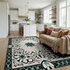 Black Teal Floral Scroll Medallion Rug - Living Room View