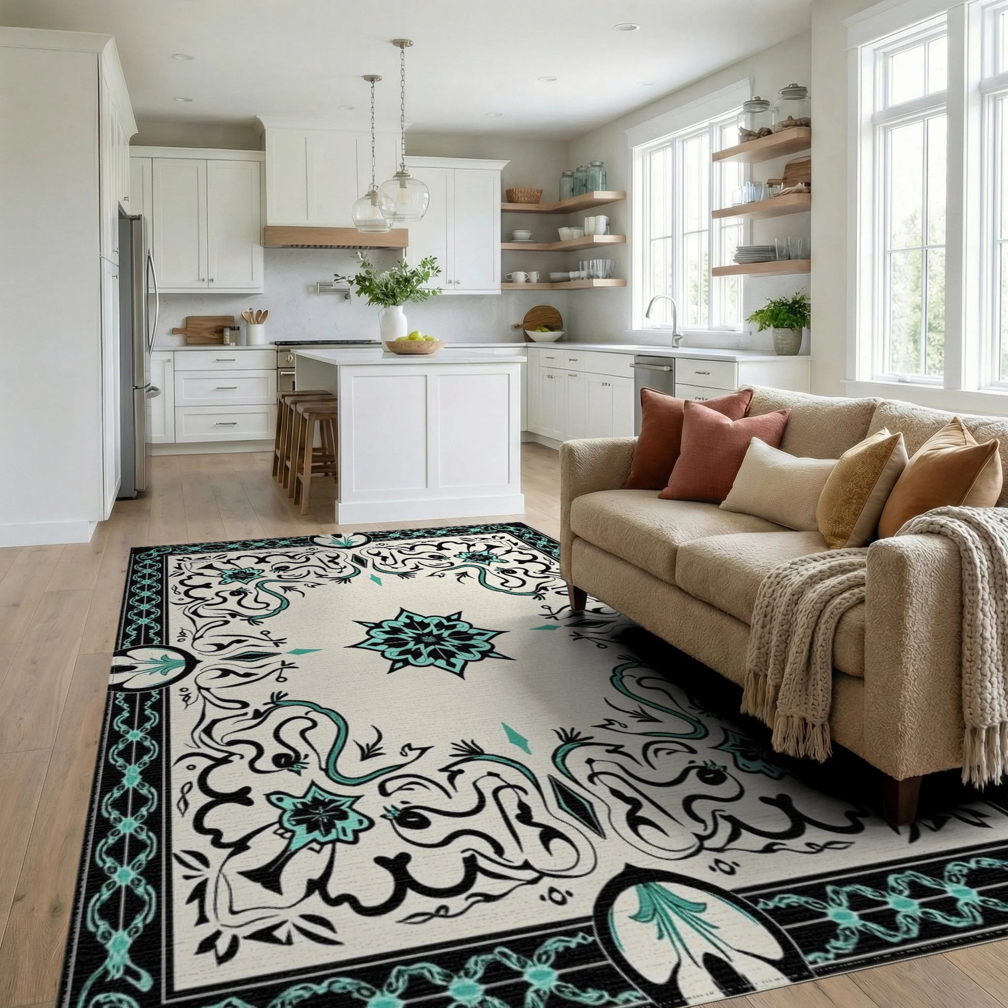 Black Teal Floral Scroll Medallion Rug - Living Room View