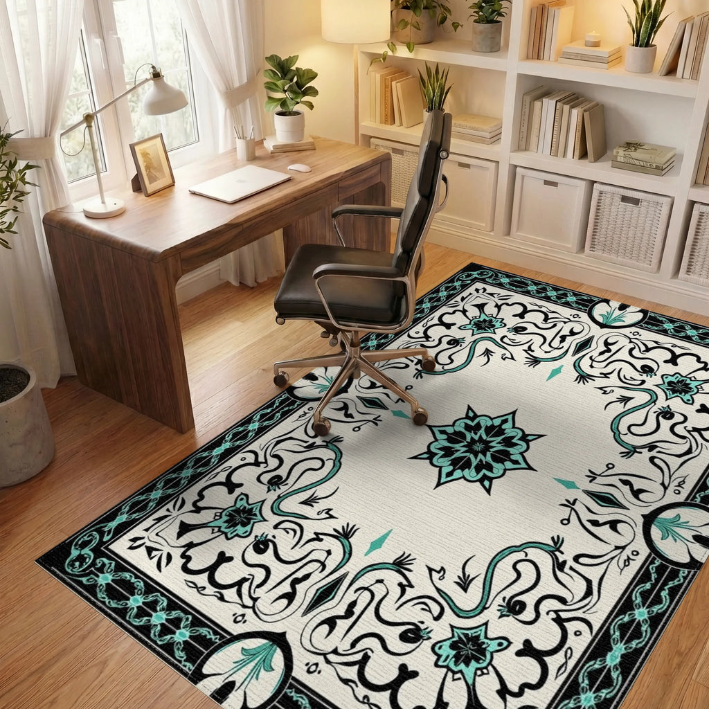 Black Teal Floral Scroll Medallion Rug - Office View