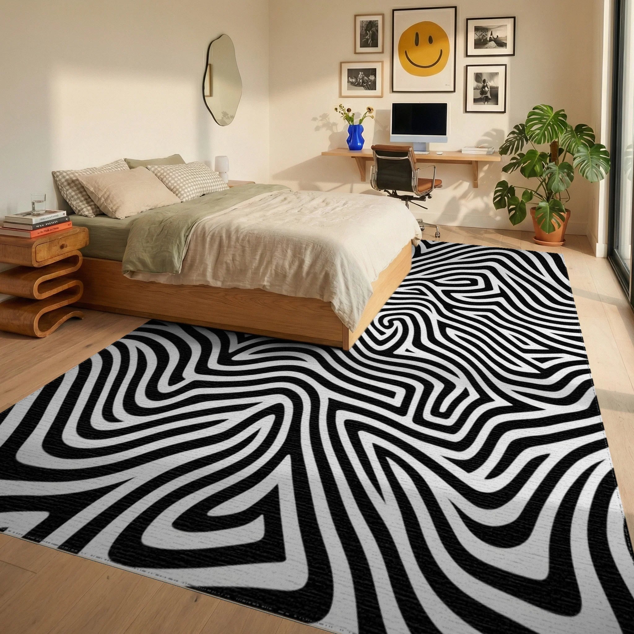 Black White Abstract Wavy Lines Rug Bedroom View