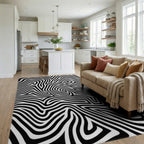 Black White Abstract Wavy Lines Rug Living Room View