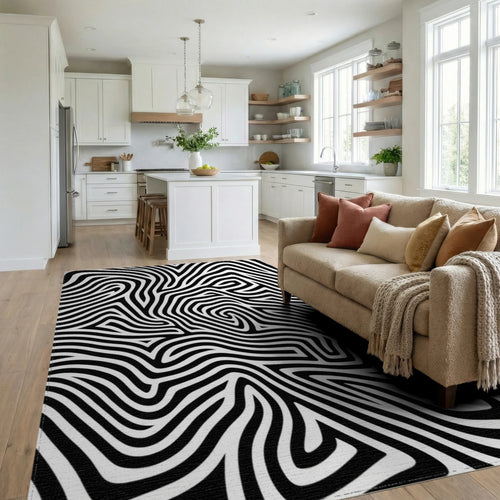 Black White Abstract Wavy Lines Rug Living Room View