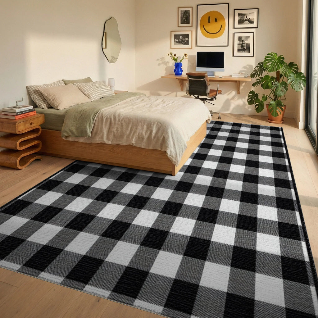 Black White Checkered Grid Texture Rug - Bedroom View