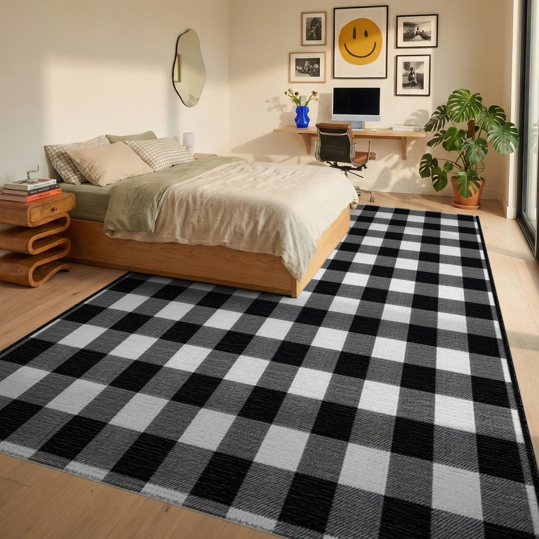 Black White Checkered Grid Texture Rug - Bedroom View