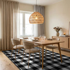 Black White Checkered Grid Texture Rug - Dining Room View