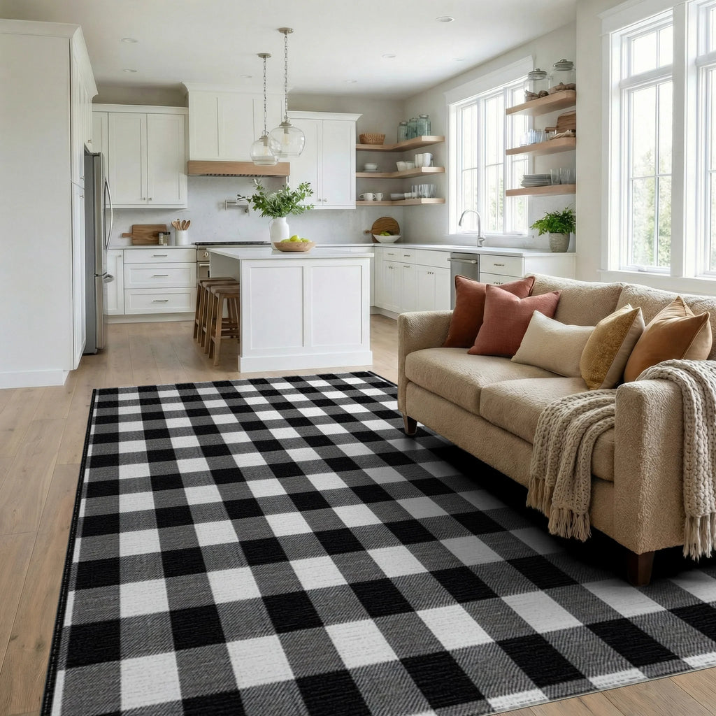 Black White Checkered Grid Texture Rug - Living Room View