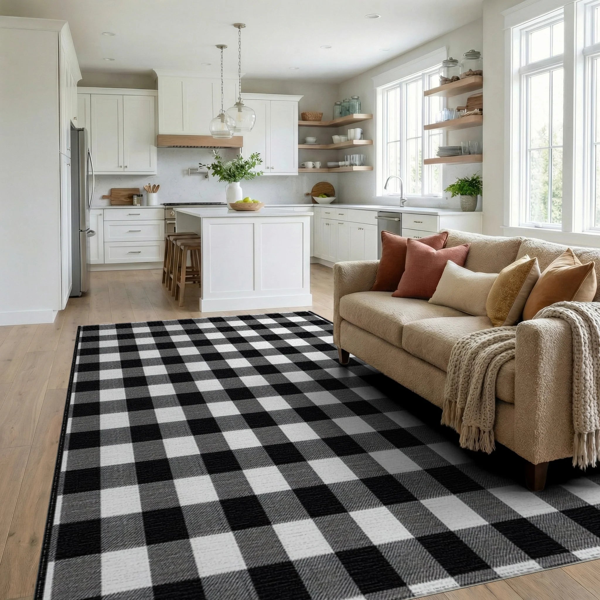 Black White Checkered Grid Texture Rug - Living Room View