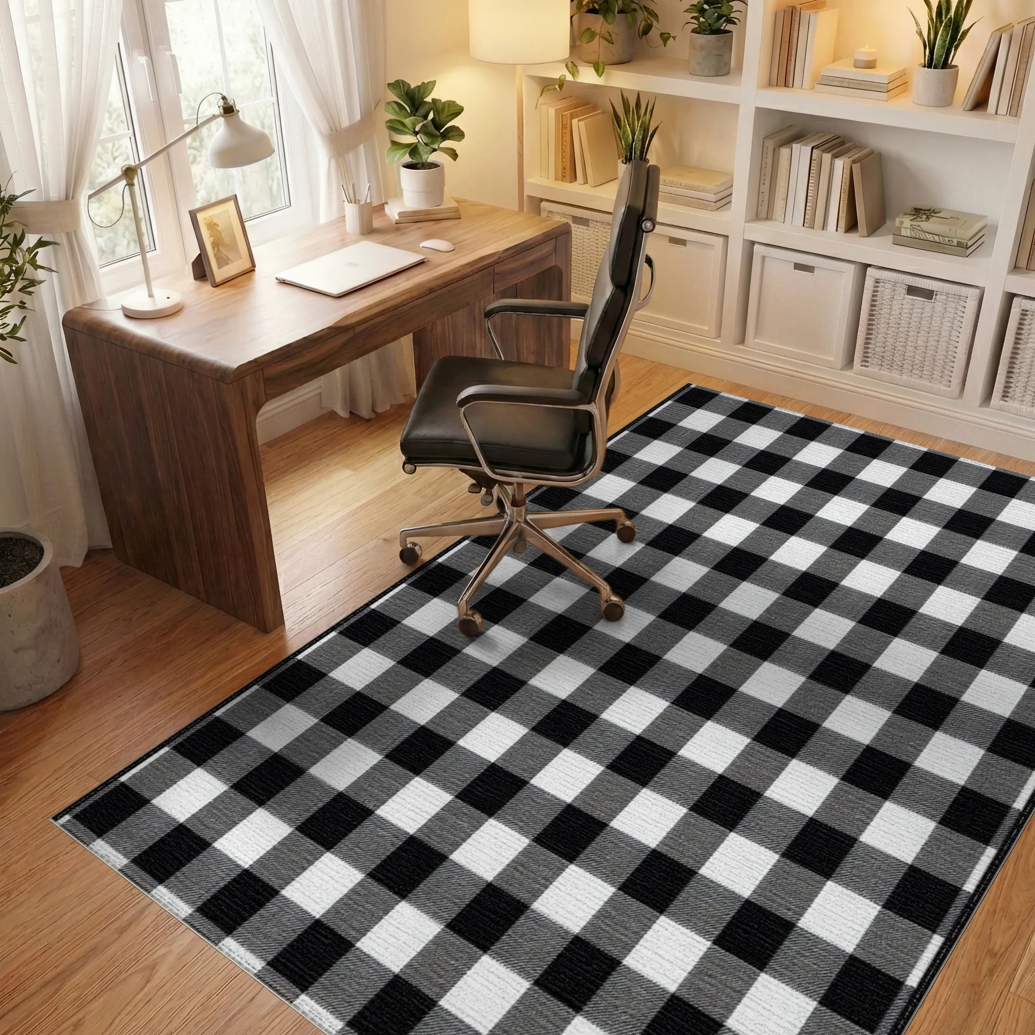 Black White Checkered Grid Texture Rug - Office View