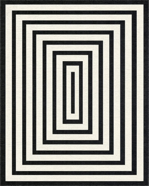 Black White Concentric Rectangle Rug - Cutout View
