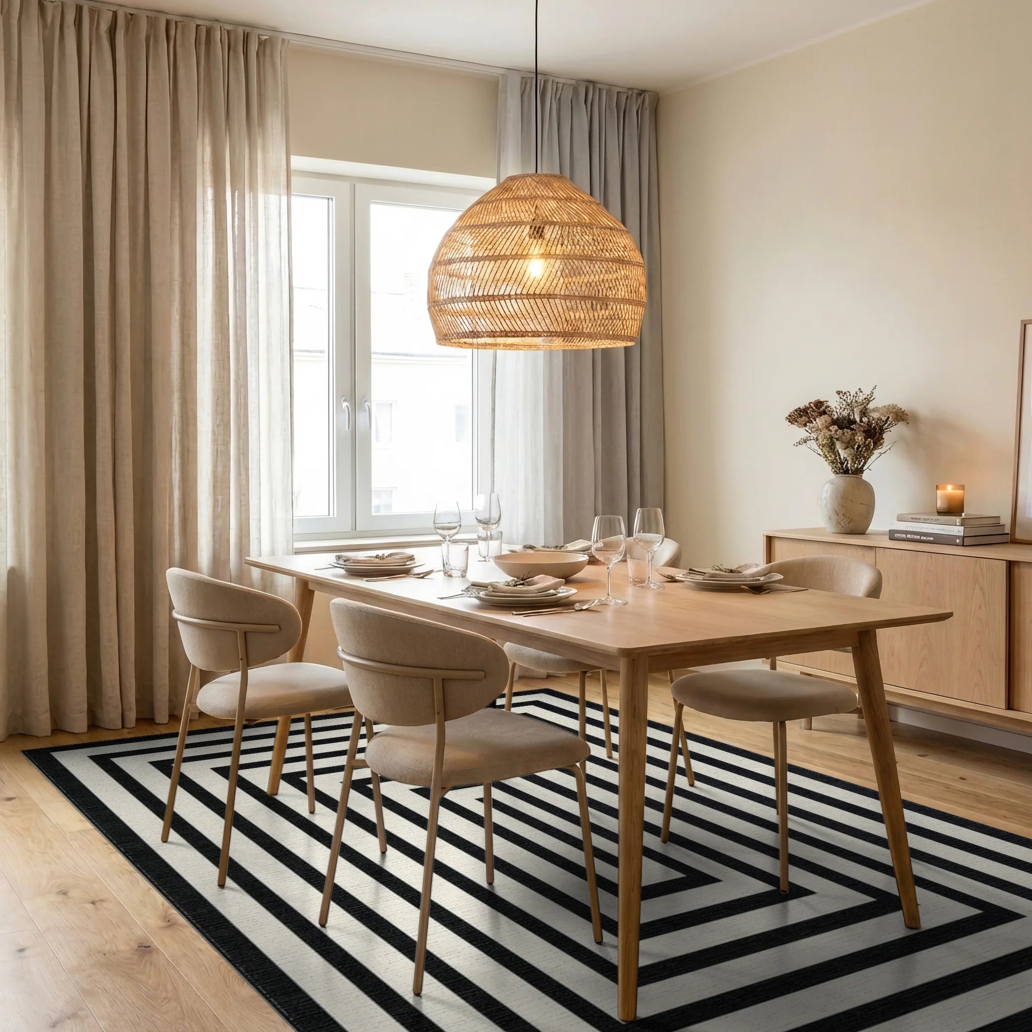 Black White Concentric Rectangle Rug - Dining Room View