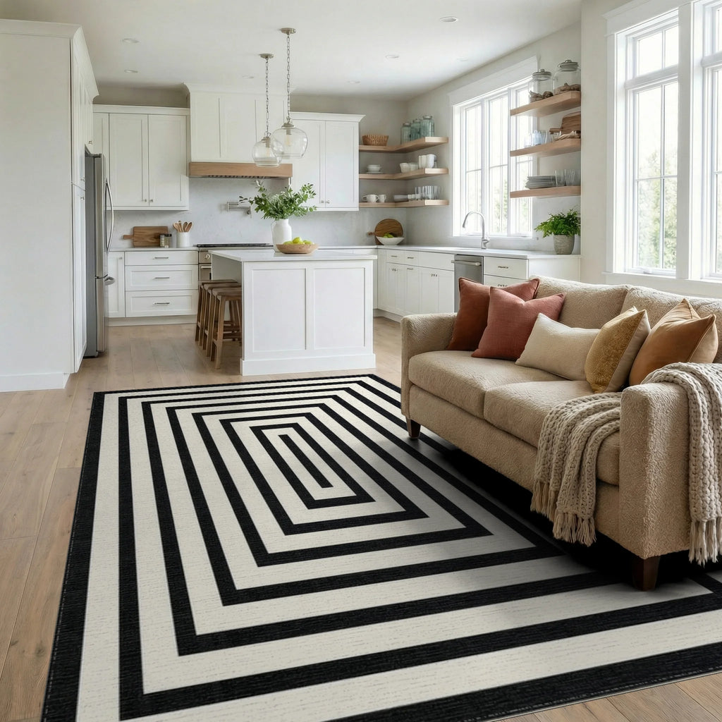 Black White Concentric Rectangle Rug - Living Room View