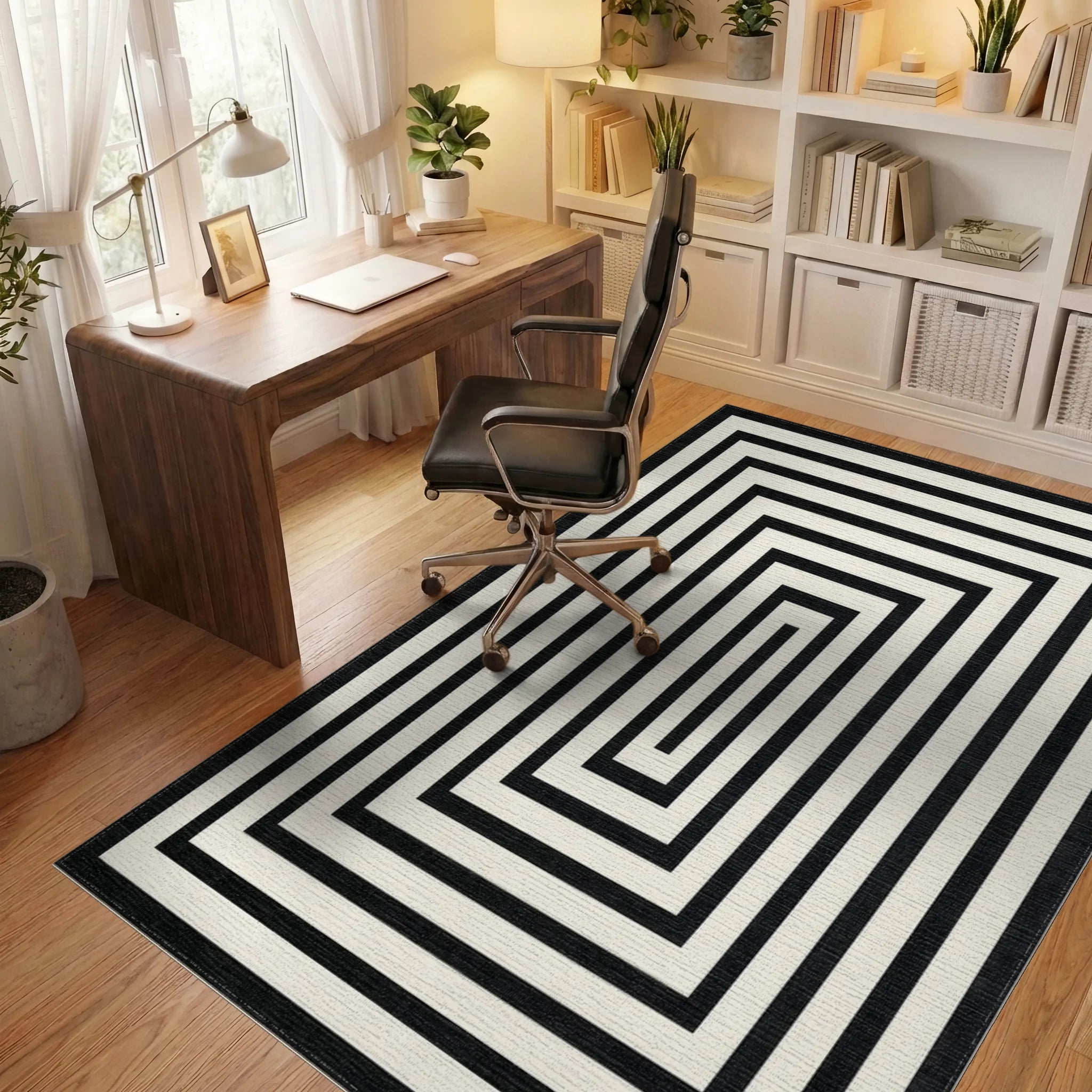 Black White Concentric Rectangle Rug - Office View