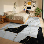 Black White Gold Marble Pattern Rug - Bedroom View