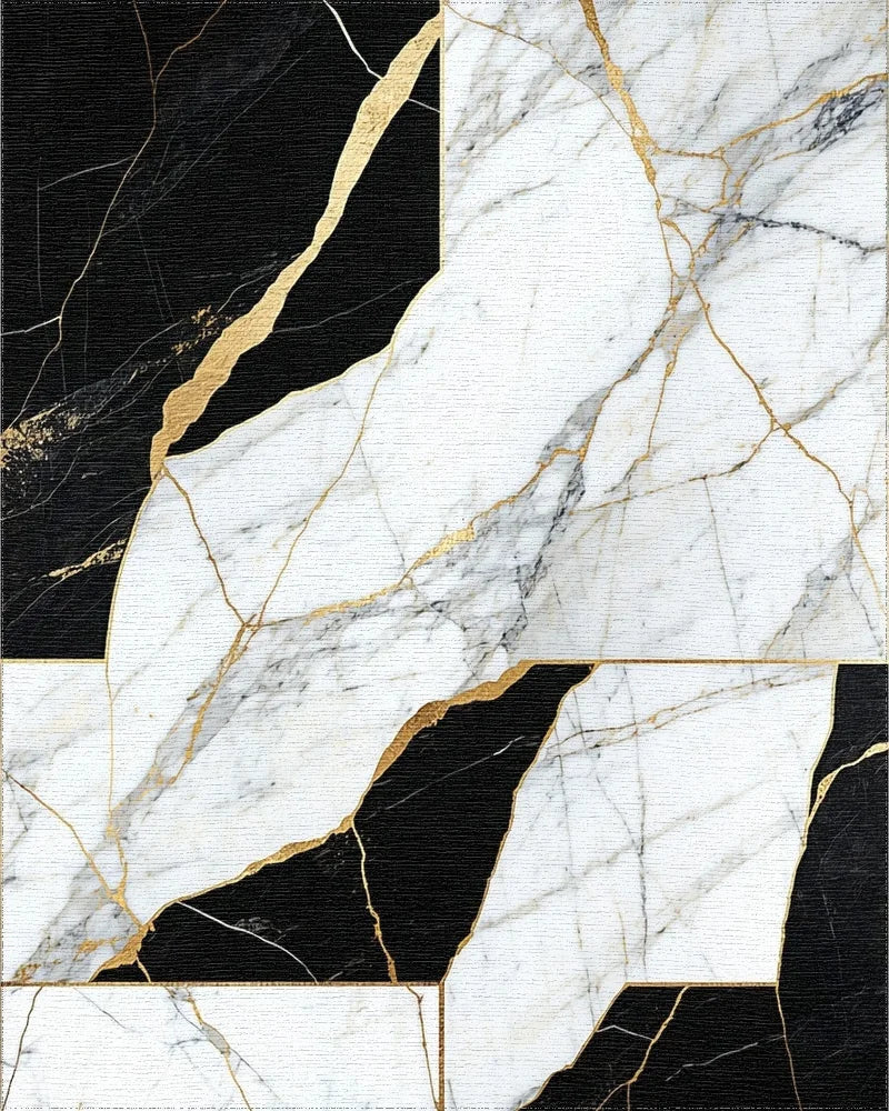 Black White Gold Marble Pattern Rug - Cutout View