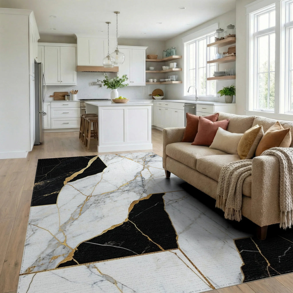 Black White Gold Marble Pattern Rug - Living Room View