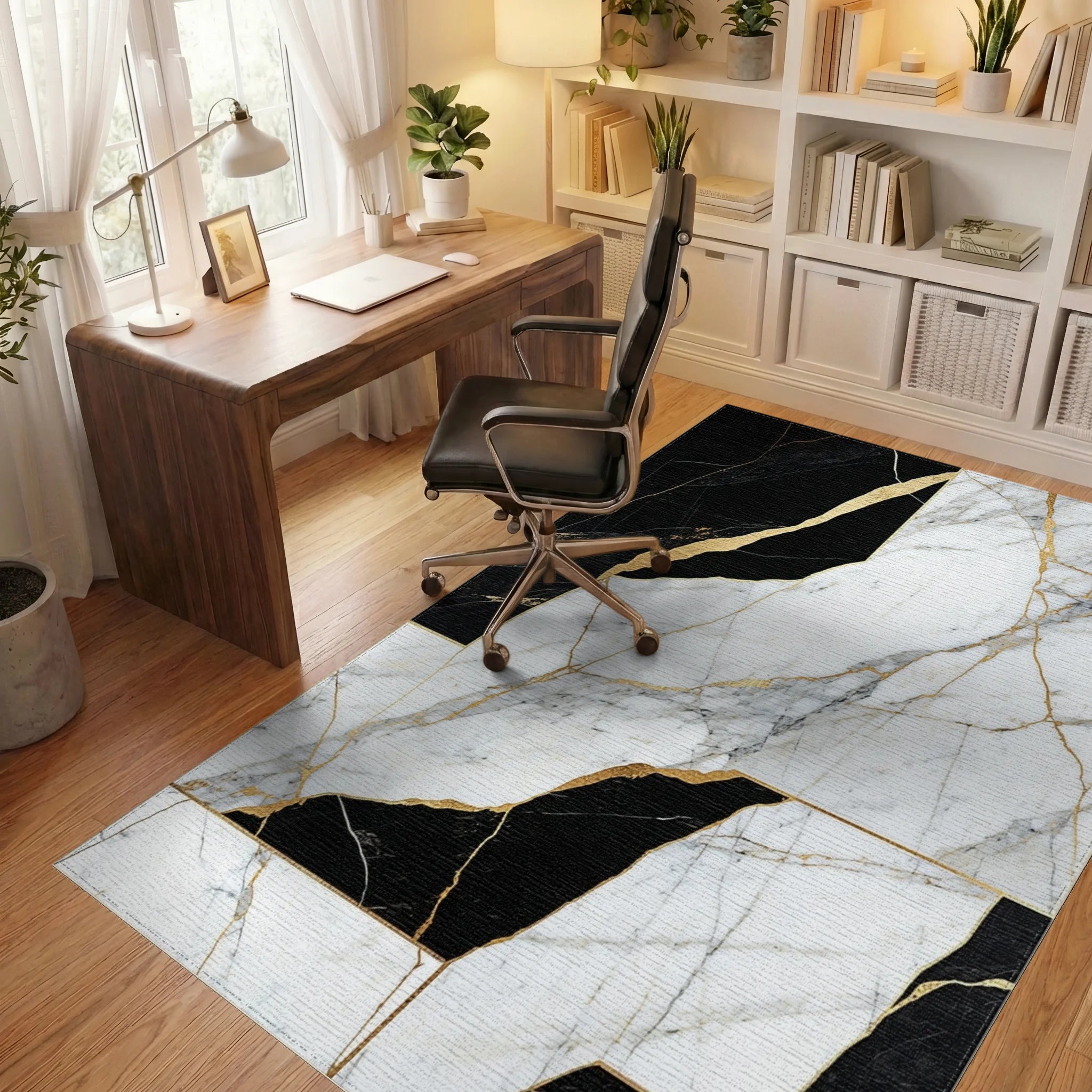 Black White Gold Marble Pattern Rug - Office View