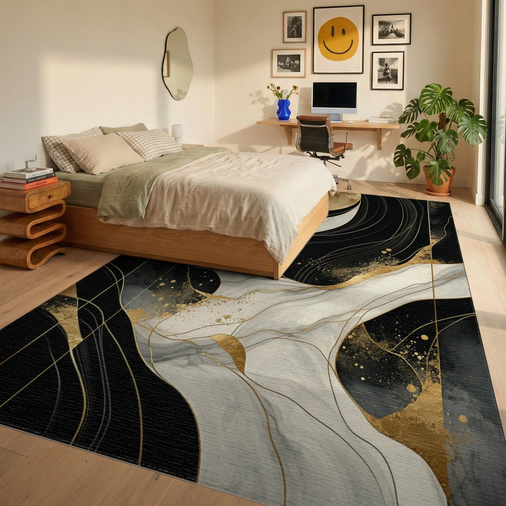 Black White Gold Moon Swirls Rug - Bedroom View