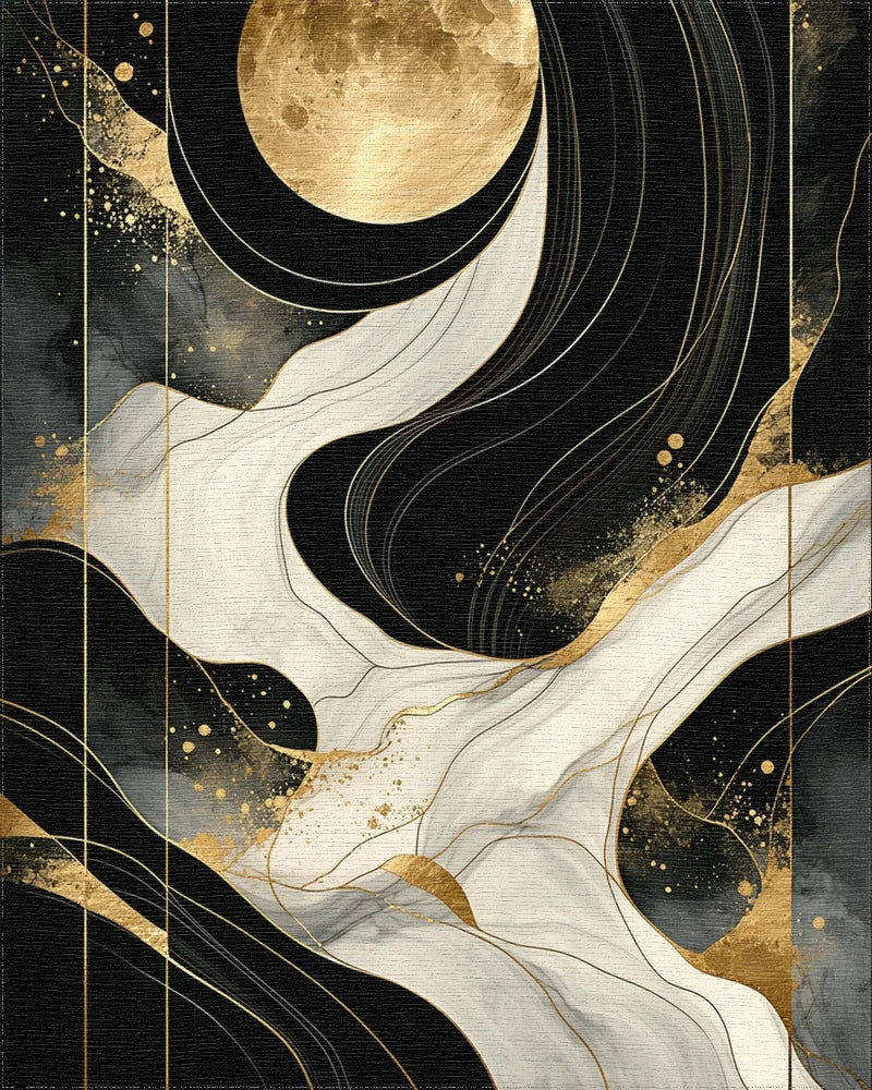 Black White Gold Moon Swirls Rug - Cutout View