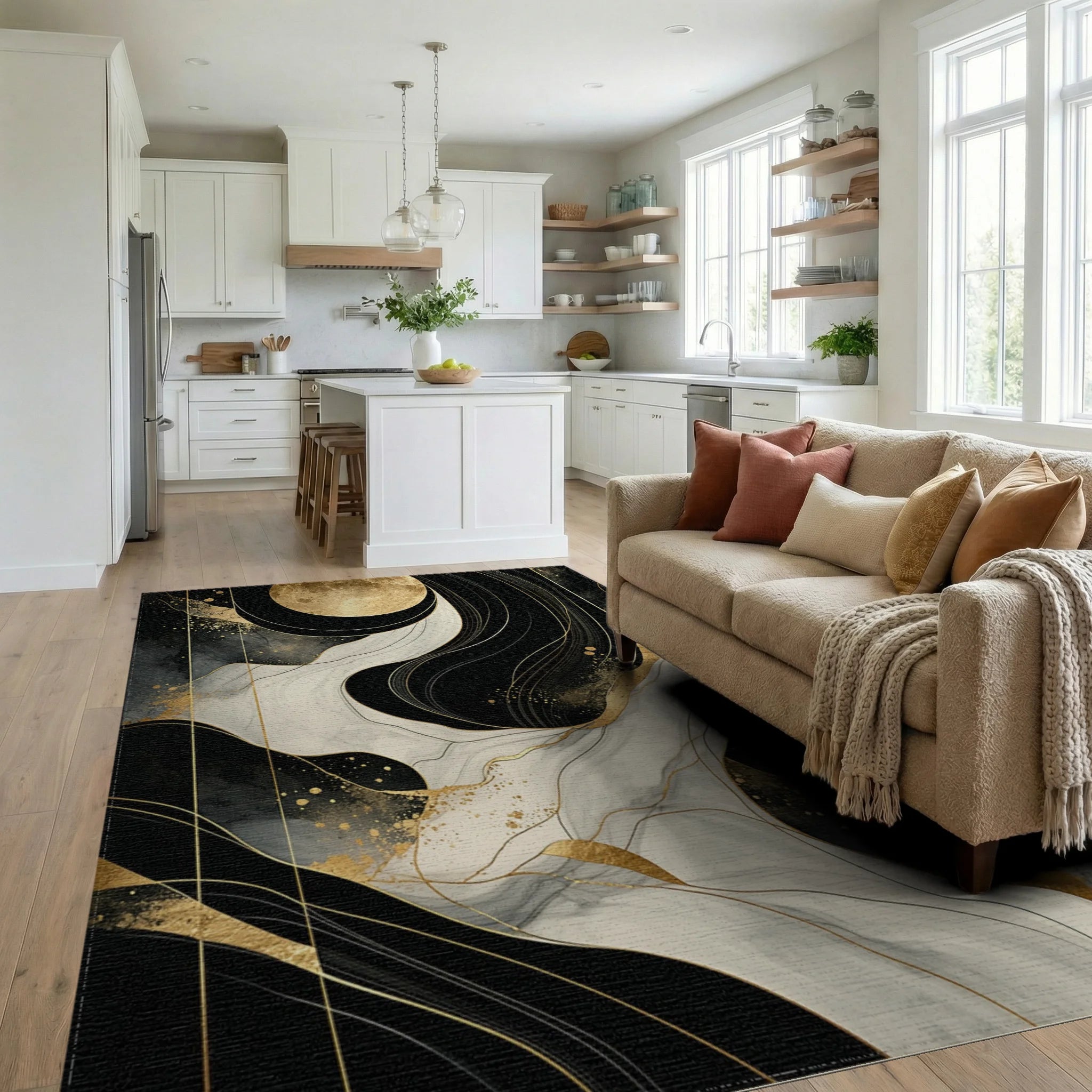 Black White Gold Moon Swirls Rug - Living Room View