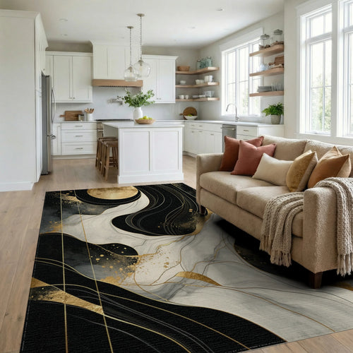 Black White Gold Moon Swirls Rug - Living Room View