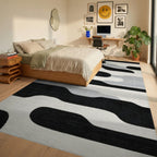 Black White Gray Abstract Organic Bands Rug - Bedroom View