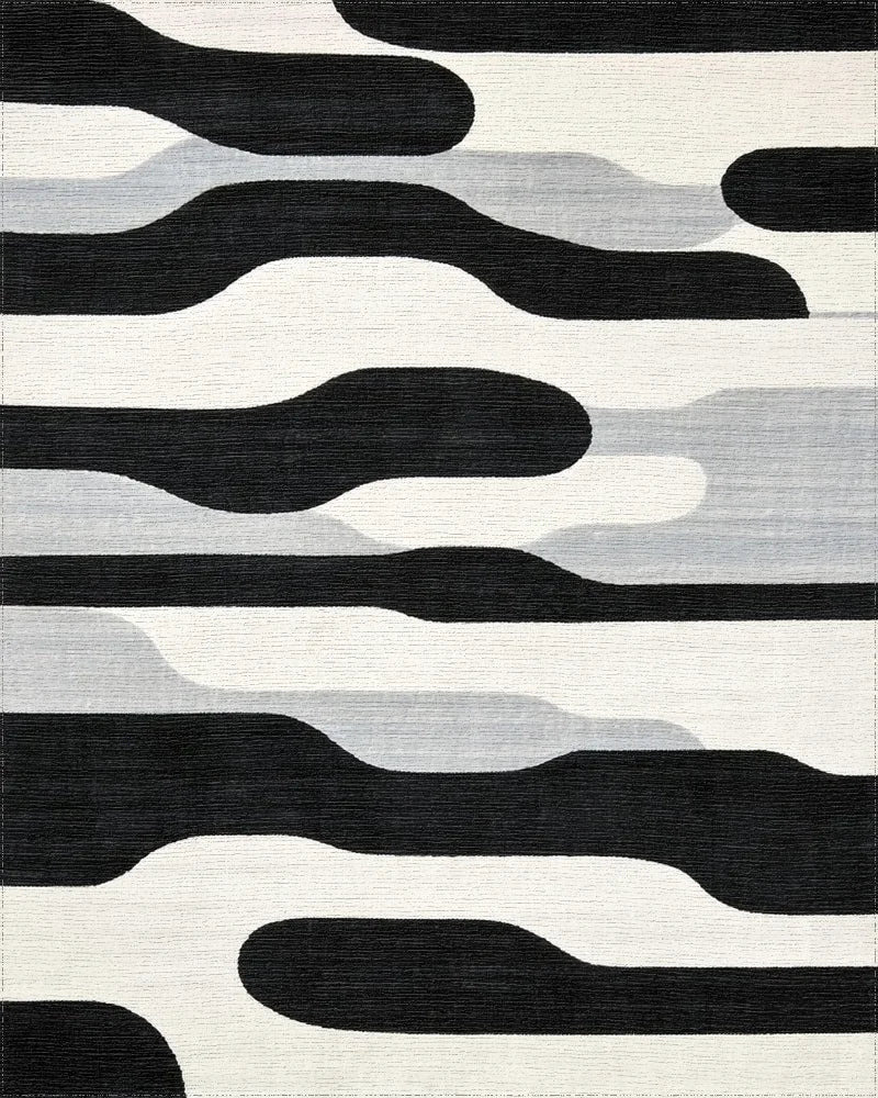 Black White Gray Abstract Organic Bands Rug - Cutout View