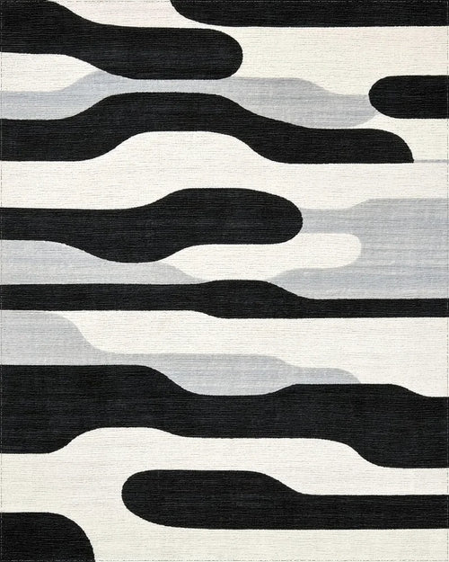 Black White Gray Abstract Organic Bands Rug - Cutout View